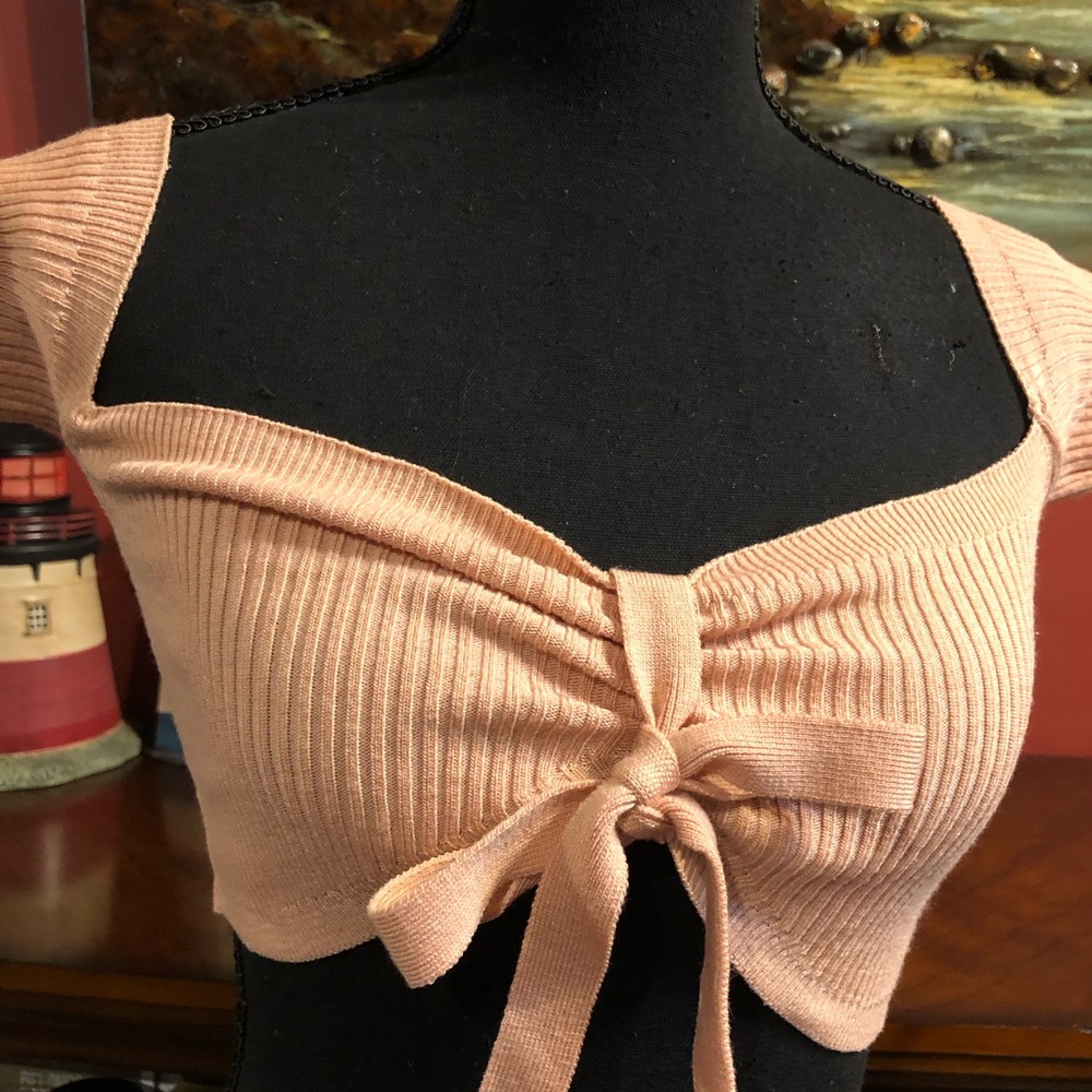 debut Peach Ribbed Tie-Front off the shoulders ,Crop Top